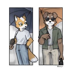  2boys animal_ears artist_name bag bill_grey closed_mouth commentary_request dog_boy dog_ears facing_viewer floppy_ears fox_boy fox_ears fox_mccloud fox_tail furry furry_male green_shirt grey_shirt hand_in_pocket highres holding holding_bag holding_umbrella kannip_3 korean_commentary looking_at_another male_focus multiple_boys open_clothes open_shirt shirt smile star_fox sunglasses tail umbrella white_shirt 