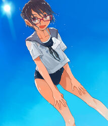  1girl :d black_hair blue_one-piece_swimsuit blue_sky brown_eyes brown_hair competition_school_swimsuit day dutch_angle glasses hands_on_own_knees highres kusakabe_(kusakabeworks) looking_at_viewer one-piece_swimsuit open_mouth original outdoors pink-framed_eyewear red-framed_eyewear sailor_collar school_swimsuit school_uniform serafuku shirt short_hair short_sleeves sky smile solo standing sun swimsuit swimsuit_under_clothes wet wet_clothes white_shirt 