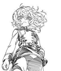  1girl absurdres belt commentary cowboy_shot cross fingernails flat_chest from_below greyscale highres lineart long_sleeves looking_at_viewer medal medium_hair military_uniform monochrome simple_background solo tanya_degurechaff toujou_chika white_background youjo_senki 