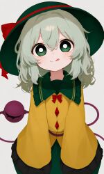  1girl :q blush bright_pupils closed_mouth disembodied_linked_eye frilled_sleeves frills green_hair green_hat green_skirt hat hat_ribbon highres komeiji_koishi long_sleeves looking_at_viewer medium_hair red_ribbon ribbon shirt simple_background sinraosi skirt smile solo tongue tongue_out touhou upper_body white_background white_pupils yellow_shirt 
