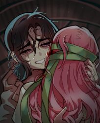  2girls alien_stage black_hair blood blood_on_face carami commentary crying english_commentary highres long_hair mizi_(alien_stage) mizi_(zombie_stage) multiple_girls pink_hair ponytail short_ponytail smile sua_(alien_stage) sua_(zombie_stage) sweat zombie_stage 