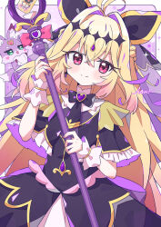  1girl antenna_hair aramedraw black_bow black_capelet black_dress blonde_hair blush bow brooch capelet closed_mouth commentary_request cure_arcana_shadow diamond_hairband dress frilled_capelet frilled_cuffs frills gradient_hair hair_intakes heart heart_brooch highres holding holding_staff jewelry long_hair looking_at_viewer magical_girl mashu-tan meitantei_precure! moria_luluka multicolored_hair open_mouth precure purple_nails purple_veil purple_wrist_cuffs staff tear_arcana_rod upper_body veil very_long_hair violet_eyes wrist_cuffs 