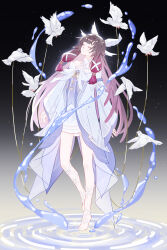 1girl absurdres bare_shoulders bird bow brown_hair closed_eyes columbina_(genshin_impact) commentary_request dress full_body genshin_impact gradient_hair hair_ribbon head_wings highres long_hair long_sleeves multicolored_hair purple_hair qianyanke ribbon ripples solo very_long_hair water white_bird white_bow white_dress white_ribbon white_wings wide_sleeves wings 