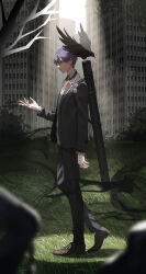  1boy absurdres bandaged_hand bandages bird black_jacket black_pants blazer brown_shoes city collared_shirt commentary crow from_side full_body grass green_eyes highres jacket kakaki_28 kenmochi_touya kenmochi_touya_(1st_costume) lapels long_sleeves male_focus necktie nijisanji omamori open_clothes open_hand open_jacket overgrown pants purple_hair red_necktie school_uniform shirt shoes short_hair spotlight standing untranslatable_commentary virtual_youtuber weapon_bag white_shirt 
