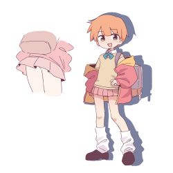  1girl absurdres aqua_bow aqua_bowtie backpack bag bow bowtie brown_cardigan cardigan commentary full_body highres jacket loafers looking_at_viewer loose_socks miniskirt multiple_views orange_hair orenjipiiru original pink_skirt red_jacket school_uniform shoes short_hair skirt smile socks tomboy tomboy_(orenji) white_background yellow_eyes 