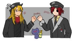  2boys absurdres bandana black_hat blonde_hair bottle braid brown_eyes brown_hair cat cross drunk english_text epic_battle_fantasy eyepatch grey_background hat highres iron_cross lance_(epic_battle_fantasy) long_hair male_focus matt_(epic_battle_fantasy) medal military_uniform multiple_boys nolegs_(epic_battle_fantasy) pirate_hat rbfnrbf_(mandarin) red_bandana short_hair side_braids single_braid skull_print wine_bottle 