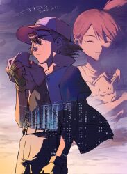  1boy 1girl aihara-rina ash_ketchum baseball_cap belt black_hair black_shirt blue_jacket building cityscape closed_eyes closed_mouth clouds cloudy_sky commentary_request cowboy_shot dated fingerless_gloves from_side gloves green_gloves hair_between_eyes hat high_side_ponytail highres holding jacket looking_afar misty_(pokemon) open_clothes open_jacket orange_hair outdoors pants pokemon pokemon_(anime) pokemon_(classic_anime) pokemon_(creature) red_hat shirt short_hair short_sleeves side_ponytail signature sky smile sunset tank_top togepi upper_body yellow_tank_top 