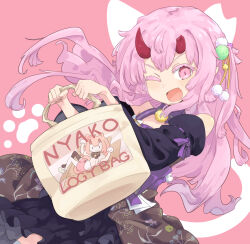  1girl :d bag black_sleeves broken_horn colored_eyelashes commentary_request detached_sleeves english_text floral_print floral_print_skirt frilled_skirt frills hair_ornament holding holding_bag horns indie_virtual_youtuber kanehira_ame long_hair looking_at_viewer one_eye_closed oni open_mouth paw_print paw_print_background pink_background pink_eyes pink_hair pom_pom_(clothes) pom_pom_hair_ornament print_skirt red_horns short_side_ponytail side_ponytail skirt sleeveless smile solo totomono v-shaped_eyebrows virtual_youtuber 