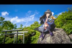  1girl absurdres armor black_hair black_socks blue_dress blue_gem blue_hat coat commentary_request day dress elbow_on_knee frilled_dress frills gem geta hair_between_eyes hand_on_own_cheek hand_on_own_face hat head_rest highres iizunamaru_megumu leftame letterboxed light_blush long_hair long_sleeves looking_afar outdoors pauldrons photo_background purple_shoes red_eyes ribbon-trimmed_dress ribbon-trimmed_sleeves ribbon_trim shoes shoulder_armor shoulder_guard single_pauldron sleeve_garter sleeveless sleeveless_coat socks solo surcoat tengu-geta tokin_hat torii touhou wide_shot 