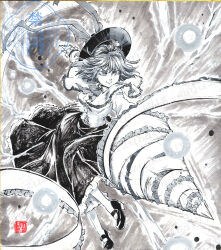  1girl absurdres bow breasts closed_mouth commentary_request danmaku drill electricity electrokinesis english_commentary frilled_shawl frills greyscale hat hat_bow highres long_skirt medium_breasts medium_hair mixed-language_commentary monochrome nagae_iku pantyhose shawl shikishi shoes skirt smile solo touhou traditional_media twitter_username watermark watermark_grid yuzuha_(yuzutime) 