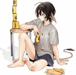  1girl animal_ears antenna_hair beer_can black_hair black_nails can commentary drink_can english_commentary fingernails fish_(food) fish_and_chips highres original sharp_fingernails shirt short_hair shorts t-shirt table tail white_background yonq98 