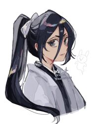 1girl black_hair black_kimono bleach bleach:_epilogue bluesky_username bow commentary_request cropped_torso grey_eyes hair_between_eyes hair_bow haori hara_hikaru highres japanese_clothes kimono kuchiki_rukia long_bangs long_hair parted_lips ponytail rabbit solo taichou_haori twitter_username upper_body white_background white_bow white_haori 