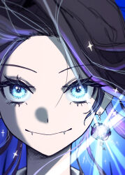  1girl absurdres black_hair blue_background blue_eyes blue_hair close-up closed_mouth commentary diffraction_spikes earrings eyelashes fangs fangs_out glint glowing highres indie_virtual_youtuber jewelry jpbgman korean_commentary long_hair looking_at_viewer mir_(alice427) multicolored_hair portrait purple_hair smile solo sparkle straight-on streaked_hair virtual_youtuber 