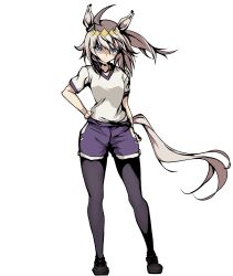  132109chisato 1girl absurdres ahoge animal_ears black_pantyhose black_shoes blue_eyes breasts closed_mouth ear_ornament full_body grey_hair grey_tail gym_shirt hair_between_eyes hair_ornament hairband hand_on_own_hip highres horse_ears horse_girl horse_tail kasamatsu_tracen_training_uniform long_hair multicolored_hair oguri_cap_(umamusume) pantyhose pantyhose_under_shorts purple_shorts shirt shoes short_sleeves shorts simple_background solo tail umamusume umamusume:_cinderella_gray white_background white_shirt 