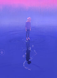  1boy analogous_colors artist_logo barefoot blue_pants commentary cool_colors english_commentary fireworks gradient_theme holding holding_fireworks light_trail logo loika looking_at_reflection looking_down male_focus original outdoors pants purple_shirt reflection reflective_liquid ripples shirt short_hair solo sparkler sparks standing standing_on_liquid water watermark web_address wide_shot 