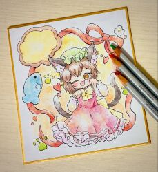  1girl :3 animal_ear_fluff animal_ear_piercing animal_ears art_tools_in_frame blush bow bowtie brown_eyes brown_hair cat_ears cat_tail chen commentary_request dress earrings fish frilled_dress frills green_hat hat heart highres hoop_earrings jewelry long_sleeves looking_at_viewer mob_cap molmaron multiple_tails nekomata one_eye_closed open_mouth photo_(medium) pinafore_dress red_dress shikishi shirt single_earring sleeveless sleeveless_dress smile solo tail touhou traditional_media two_tails white_shirt yellow_bow yellow_bowtie 