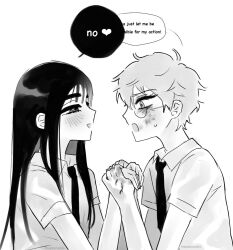  2girls alien_stage bruise bruise_on_face collared_shirt commentary english_commentary english_text glasses greyscale heart highres holding_hands imsoboredd4 injury long_hair mizi_(alien_stage) mizi_(zombie_stage) monochrome multiple_girls necktie open_mouth school_uniform shirt short_hair sua_(alien_stage) sua_(zombie_stage) very_short_hair zombie_stage 