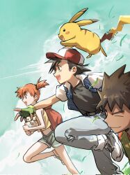  1girl 2boys aihara-rina ash_ketchum baseball_cap black_hair black_shirt blue_jacket blue_pants blue_shorts blue_sky brock_(pokemon) brown_hair closed_eyes closed_mouth clouds cloudy_sky commentary denim denim_shorts fingerless_gloves foot_out_of_frame from_side gloves green_gloves hat high_side_ponytail highres jacket jeans leg_up midriff_peek misty_(pokemon) multiple_boys open_clothes open_jacket open_mouth orange_hair outdoors pants pikachu pokemon pokemon_(anime) pokemon_(classic_anime) pokemon_(creature) profile shirt shoes short_hair short_sleeves shorts side_ponytail sky sneakers tank_top togepi yellow_tank_top 
