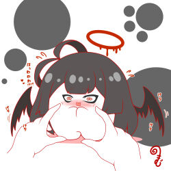  1other @_@ black_hair black_wings blue_archive blush cheek_poking chibi colored_shadow commentary_request disembodied_hand flying_sweatdrops halo highres kurukurumagical long_hair nose_blush open_mouth outline poking red_outline shadow standing translation_request tsurugi_(blue_archive) very_long_hair white_background wings 
