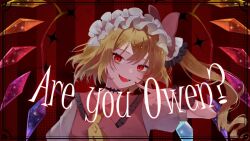  1girl :d adapted_costume ascot blonde_hair collared_shirt commentary_request crystal crystal_wings english_text flandre_scarlet frilled_hairband frilled_shirt_collar frilled_wrist_cuffs frills hairband long_hair looking_at_viewer mochip_0 multicolored_wings one_side_up open_mouth puffy_short_sleeves puffy_sleeves red_eyes red_hairband red_nails red_vest red_wrist_cuffs second-party_source shirt short_sleeves smile solo touhou upper_body vest white_shirt wings wrist_cuffs yellow_ascot youtube_video_thumbnail 