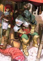  1girl 1other absurdres against_wall armor backpack bag bare_shoulders belt black_thighhighs blood blood_on_armor blood_on_face blue_eyes boots breastplate brick_wall brown_belt brown_boots brown_gloves closed_mouth commentary cooking_pot couter crate cross cross_earrings crossed_arms cuirass day dragon_tail earrings english_commentary eyepatch gloves green_pants helm helmet highres holding holding_polearm holding_weapon jewelry knee_boots letro long_hair looking_at_another looking_to_the_side one_eye_covered original outdoors pants pauldrons polearm red_hair red_shirt shirt shoulder_armor sideways_glance sitting standing stone_floor tail thigh-highs thighhighs_under_boots twintails vase very_long_hair visor_(armor) weapon 