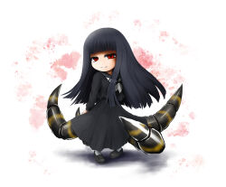  1girl arthropod_girl arthropod_limbs atlach-nacha black_hair black_serafuku chibi commentary_request full_body highres hirasaka_hatsune long_hair long_skirt looking_at_viewer murasaki_yoshimi red_eyes school_uniform serafuku skirt smile solo spider_girl 