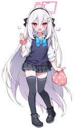  1girl bandaid bandaid_on_finger bandaid_on_hand bento black_shoes black_skirt black_thighhighs blue_archive blue_bow blue_bowtie blush bow bowtie collared_shirt dot_nose english_commentary full_body hair_between_eyes half_updo halo highres holding holding_bento kei_(blue_archive) kei_(student)_(blue_archive) long_hair long_hair_between_eyes long_sidelocks looking_at_viewer moorina open_mouth peanut_mouth pink_eyes pink_halo pleated_skirt puff_of_air rectangular_halo ringed_eyes scrunchie shirt shoes sidelocks simple_background skirt solo sweater_vest thigh-highs too_many_bandaids very_long_hair white_background white_hair white_shirt wrapped_bento wrist_scrunchie zettai_ryouiki 