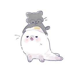  animal_focus artist_self-insert black_cat blush cat commentary food food_on_head fried_egg glasses mole mole_under_eye no_humans object_on_head original pipi_(m1x_mix) round_eyewear seal_(animal) simple_background sweatdrop white_background 