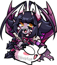 1girl antennae arthropod_girl arthropod_limbs black_hair chibi cockroach_girl colored_inner_hair colored_skin commentary english_commentary highres horns indie_virtual_youtuber mandibles matara_kan matara_kan_(evil) monster_girl multicolored_hair open_mouth pink_hair pointy_ears purple_skin short_hair sitting virtual_youtuber white_background x3dustco yellow_eyes 