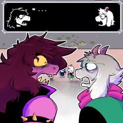  1boy 1girl 1other absurdres armlet artsyrean black_jacket colored_skin commentary deltarune english_commentary fangs furry furry_male game_screenshot_inset green_robe highres horns jacket jewelry kris_(dark_world)_(deltarune) kris_(deltarune) looking_at_another male_focus open_mouth pink_horns pink_scarf pink_skin purple_hair ralsei robe scarf screenshot_inset sleeveless sleeveless_jacket spiked_armlet surprised susie_(dark_world)_(deltarune) susie_(deltarune) utdr_(toby_fox) white_fur wide-eyed 