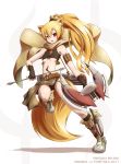 animal_ears arrow bare_shoulders belt blonde_hair boots bow_(weapon) breasts cape dagger fingerless_gloves flat_chest fox_ears fox_tail gloves highres leg_lift long_hair midriff navel original ponytail puretails red_eyes simple_background solo tail tattoo test_tube under_boob underboob weapon 