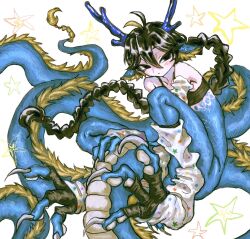  1boy absurdly_long_tail animal_ear_fluff animal_feet animal_hands arm_warmers bifuteki_(bi_futeki) black_eyes black_hair blue_scales braid braided_ponytail claws dragon_boy dragon_ears dragon_horns dragon_tail eastern_dragon_horns eastern_dragon_tail full_body highres horns leg_warmers long_hair looking_at_viewer male_focus monster_boy original scales simple_background solo star_(symbol) star_symbol_background tail trap very_long_hair very_long_tail white_background 