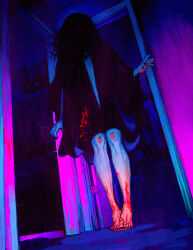 1girl barefoot black_dress black_hair black_nails blood blood_on_clothes blood_on_feet blood_on_hand colored_skin colorful dark doorway dress dutch_angle feet from_below full_body horror_(theme) indoors jmfenner91 knees long_hair looking_at_viewer night original reflection saturated solo standing surreal wide_sleeves 