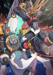  2boys armor battle blonde_hair dr._weil_(mega_man) energy_sword helmet highres holding holding_sword holding_weapon long_hair male_focus mega_man_(series) mega_man_zero_(series) mega_man_zero_4 multiple_boys omochi_(mochi_skymega) red_armor red_helmet sword weapon z_saber zero(z)_(mega_man) zero_(mega_man) 