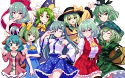  6+girls :q :t absurdres animal_ears arm_up arms_up ascot belt black_hat blue_capelet blue_hat blue_shirt blue_skirt blue_vest blush bow bowtie breasts brown_belt brown_thighhighs buttons camouflage camouflage_hat camouflage_shirt camouflage_skirt capelet closed_eyes closed_mouth collared_shirt commentary daiyousei detached_sleeves diamond_button disembodied_linked_eye dog_ears dog_girl dog_tail dot_nose double_v dress eyeball fairy fairy_wings fang floral_print frilled_bow frilled_capelet frilled_shirt frilled_shirt_collar frilled_skirt frilled_sleeves frills frog_hair_ornament green_dress green_eyes green_hair green_shirt green_skirt hair_between_eyes hair_bow hair_ornament hair_tubes hand_on_own_hip hands_on_own_hips hat hat_bow highres jewelry kagiyama_hina kasodani_kyouko kazami_yuuka key key_necklace kochiya_sanae komeiji_koishi large_breasts long_hair long_sleeves looking_at_viewer medium_breasts medium_hair mima_(touhou) multiple_girls necklace ofuda ofuda_on_clothes one_eye_closed one_side_up open_clothes open_mouth open_vest pink_dress plaid_clothes plaid_skirt plaid_vest pout puffy_short_sleeves puffy_sleeves red_bow red_eyes red_skirt red_vest rose_print shgngzhngdeyti1 shirt short_sleeves simple_background single_hair_tube skin_fang skirt skirt_set sleeveless sleeveless_shirt small_breasts smile smug snake_hair_ornament soga_no_tojiko sun_print tail tate_eboshi thigh-highs tongue tongue_out touhou touhou_(pc-98) v v_over_eye very_long_hair vest white_background white_shirt wide_sleeves wings wizard_hat yamashiro_takane yellow_ascot yellow_bow yellow_bowtie yellow_shirt 