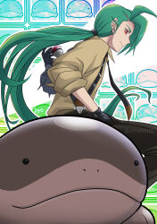 1girl androgynous black_gloves black_necktie bright_pupils brown_pantyhose brown_shirt character_background clodsire closed_mouth commentary_request ear_piercing earrings gloves green_hair highres jewelry long_hair necktie nostrils okiami2009 pantyhose piercing poke_ball poke_ball_(basic) pokemon pokemon_(creature) pokemon_scarlet_and_violet ponytail red_eyes reverse_trap rika_(pokemon) shirt smile solid_circle_eyes suspenders twitter_username white_pupils 