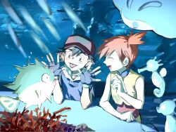  1boy 1girl aihara-rina aquarium ash_ketchum bare_arms bare_shoulders baseball_cap black_hair blush brown_eyes closed_eyes commentary elbow_rest facing_another fingerless_gloves fish gloves hat high_side_ponytail highres hood hood_down horsea looking_at_another mantyke misty_(pokemon) open_mouth orange_hair pokemon pokemon_(anime) pokemon_(creature) pokemon_the_series:_ruby_and_sapphire qwilfish short_hair side_ponytail sleeveless smile tongue tongue_out upper_body vest water yellow_vest 