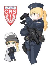  1girl ammunition_pouch assault_rifle binoculars black_vest blonde_hair blue_jacket blue_pants blunt_bangs blush bulletproof_vest chibi chibi_inset commentary_request cropped_legs crs feet_out_of_frame foregrip france from_side frown garrison_cap green_eyes gun h&amp;k_g36 handgun hat holding holding_binoculars holding_gun holding_weapon holster jacket long_hair magazine_(weapon) multiple_views original pants police ponytail pouch rifle riot_shield shield simple_background smile tactical_clothes thigh_holster tobimatsu_mutsutarou vertical_foregrip vest weapon white_background 