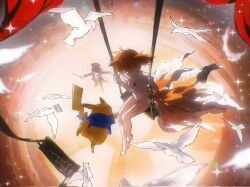  1boy 1girl aihara-rina ash_ketchum bare_legs bare_shoulders bird black_hat black_jacket blue_jacket breasts collarbone commentary commentary_request cosplay dated elbow_gloves falling_feathers feathers from_above full_body gloves goldeen goldeen_(cosplay) hat high_side_ponytail highres jacket jumping legs leotard misty_(pokemon) on_swing orange_hair parted_lips pikachu pokemon pokemon_(anime) pokemon_(classic_anime) pokemon_(creature) shoes short_hair showgirl_skirt side_ponytail signature sitting small_breasts sparkle swing thighs white_bird white_feathers white_gloves white_leotard white_shoes 