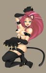  :p absurdres alternate_color animal_ears arm_up big_hair blue_eyes breasts capcom cat_ears cat_tail claws fangs felicia happy highres kneeling long_hair ma-ge open_mouth paws red_hair redhead smile solo tail thighhighs tongue vampire_(game) 