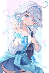  1girl absurdres alternate_costume bag black_bag blue_eyes blue_hair blue_nails blue_necktie blue_pupils blue_scrunchie blue_skirt blush character_charm charm_(object) clothes_around_waist collared_shirt commentary cowboy_shot fingernails furina_(genshin_impact) genshin_impact gentilhomme_usher grin hair_between_eyes hair_intakes hands_up heterochromia highres jacket jacket_around_waist looking_at_viewer mademoiselle_crabaletta multicolored_hair nail_polish necktie scrunchie shirt shoulder_bag skirt smile solo surintendante_chevalmarin tennensui_(midorinokaibutu4500) thigh_strap untranslatable_commentary v white_hair white_shirt 