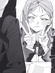  2girls alien_stage blazer bow bowtie chinese_commentary commentary corrupted_twitter_file double_v greyscale hair_ornament hairclip highres huizi0001 jacket long_hair mizi_(alien_stage) monochrome multiple_girls school_uniform sua_(alien_stage) v 
