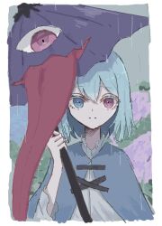  blue_eyes blue_hair closed_mouth commentary_request cross-laced_clothes flower heterochromia holding holding_umbrella hydrangea matsuri375322 outdoors purple_umbrella rain red_eyes short_hair tatara_kogasa touhou umbrella upper_body 