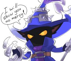  1boy animal_ears blue_hat blue_robe english_text gauntlets hat highres league_of_legends robe simple_background solo speech_bubble veigar_(league) white_background wizard_hat xpyray yellow_eyes yordle 