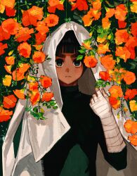  1boy absurdres bandaged_arm bandages black_eyes black_hair blunt_bangs bowl_cut chinese_trumpet_vine commentary_request complementary_colors covered_collarbone flower highres korean_commentary leaf looking_at_viewer lower_eyelashes_only m0_mo_momo male_focus naruto_(classic) naruto_(series) orange_flower plant rock_lee sanpaku shirt short_hair solo thick_eyebrows trumpet_creeper turtleneck upper_body 