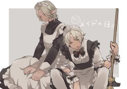  alternate_costume apron archon_mark black_dress closed_eyes closed_mouth commentary_request crossdressing crossdressing_(mtf) dress elezen elf enmaided facial_hair final_fantasy final_fantasy_xiv frilled_apron frills grey_hair highres holding holding_own_dress hyur maid maid_apron maid_day maid_headdress male_maid maru01 mop multiple_boys pointy_ears puffy_short_sleeves puffy_sleeves short_hair short_sleeves sitting tattoo thancred_waters urianger_augurelt waist_apron white_apron white_hair 