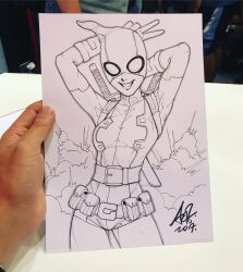  1girl arms_behind_head art_tools_in_frame artist's_hand_in_frame belt commentary deadpool_(series) english_commentary gwenpool highres long_hair marker_(medium) marvel mask monochrome photo_(medium) signature sketch solo spider-man_(series) stanley_lau sword sword_on_back traditional_media upper_body utility_belt very_long_hair weapon weapon_on_back 