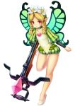  blonde_hair bow_(weapon) braid butterfly_wings choker crossbow fairy flat_chest flower hair_flower hair_ornament highres mercedes namaru_(summer_dandy) odin_sphere red_eyes simple_background solo standing_on_one_leg twin_braids weapon wings 