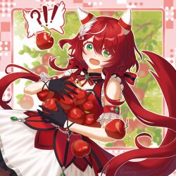  !? 1girl animal_ears apple blush breasts dress ear_covers feather_hair_ornament feathers food fruit gem gloves green_eyes green_gem hair_between_eyes hair_ornament hanong_06 highres holding holding_food holding_fruit horse_ears horse_girl horse_tail long_hair low_twintails open_mouth red_dress red_hair small_breasts solo spoken_interrobang tail twintails umamusume win_variation_(dramatic_tutu)_(umamusume) win_variation_(umamusume) 
