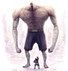  2boys anatomical_nonsense arm_up bandaged_leg bandages barefoot blue_shorts commentary_request dougi giant giant_male headband highres male_focus multiple_boys muscular muscular_male ryu_(street_fighter) sagat sakkan scar scar_on_chest scar_on_stomach shorts street_fighter street_fighter_ii_(series) topless_male 